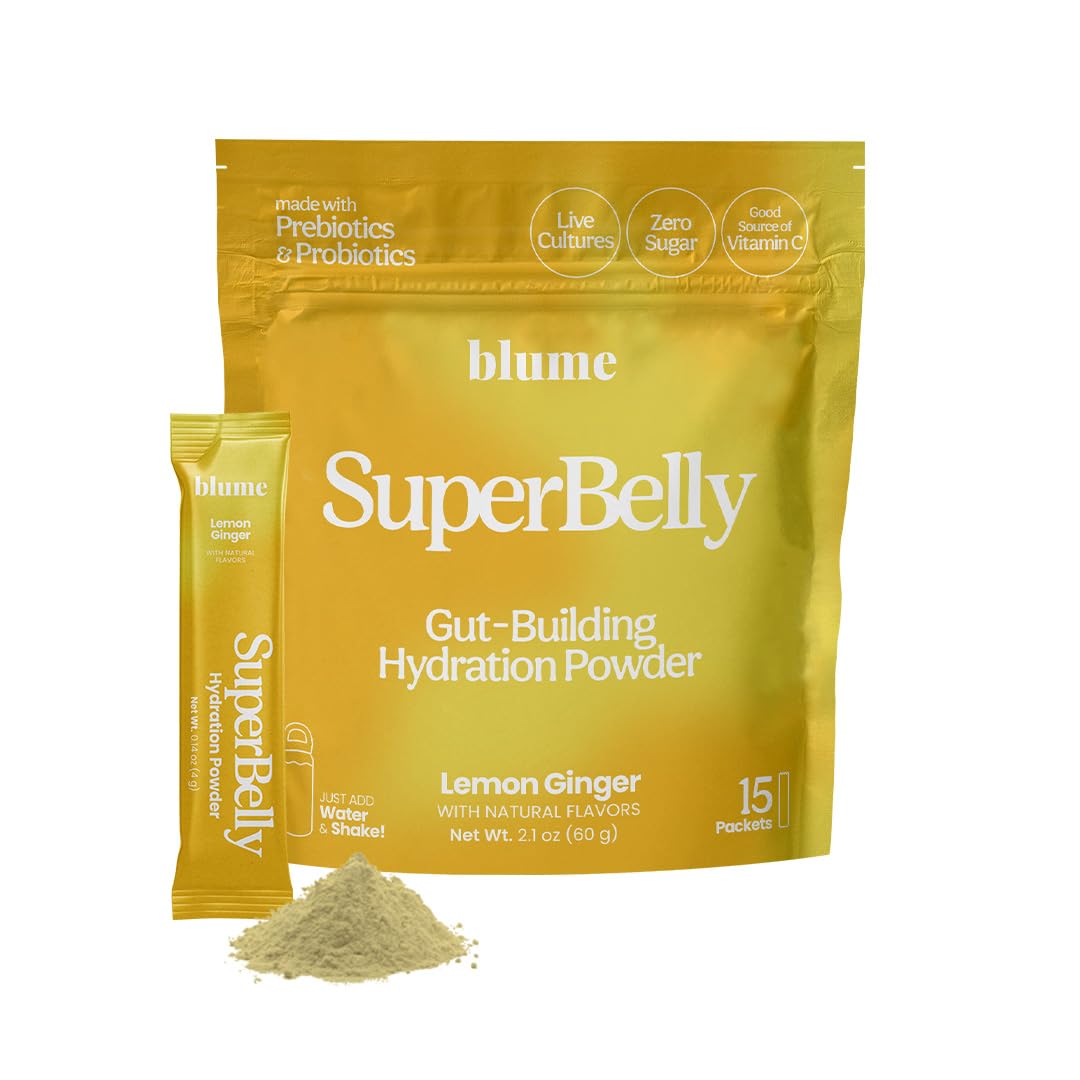 Blume SuperBelly Hydration Packets, Sugar-Free, with Prebiotics & Probiotics, 15 Sticks, Lemon Ginger, 2.1 Ounce