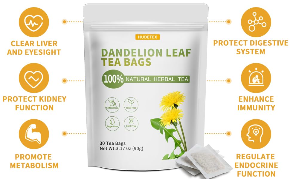 Hudetex Organic Dandelion Leaf & Root Tea Bags, Caffeine Free, 30 Bags, Resealable
