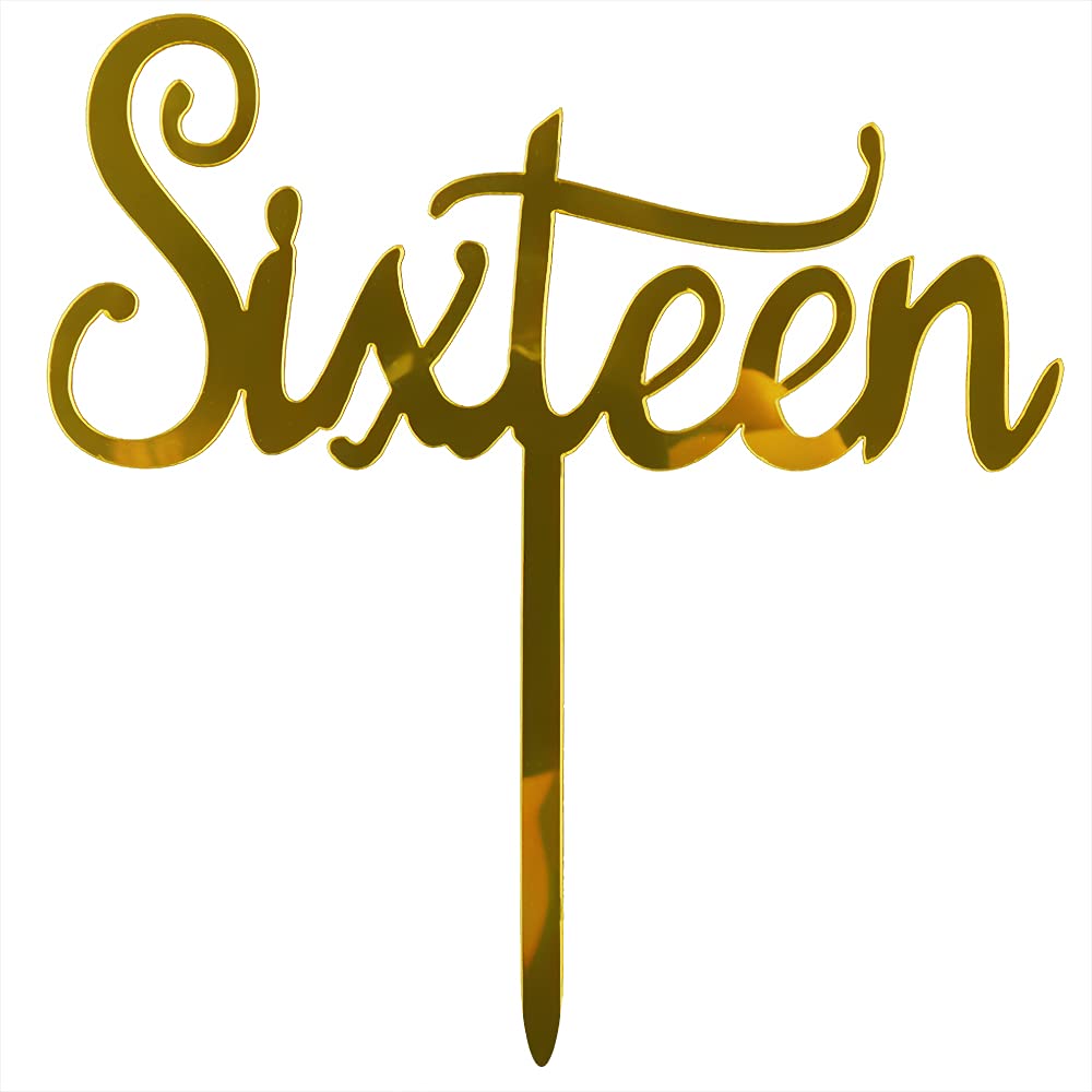 Qertesl Acrylic Sixteen Cake Topper,16Th Birthday Cake Toppers, 16Th Anniversary Party Decorations Supplies- Double Sided Gold G