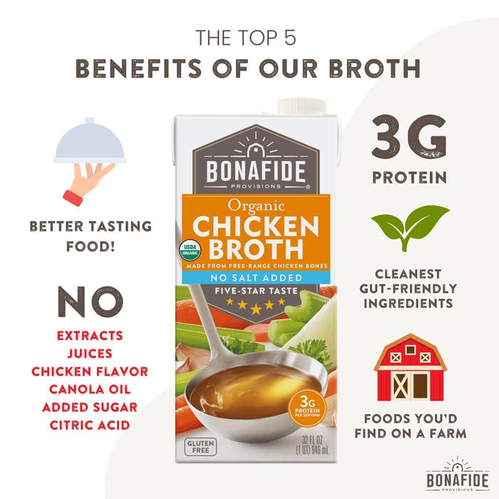 Bonafide Provisions No Salt Added Organic Chicken Broth, Shelf Stable 32 Fl Oz - Pack Of 6