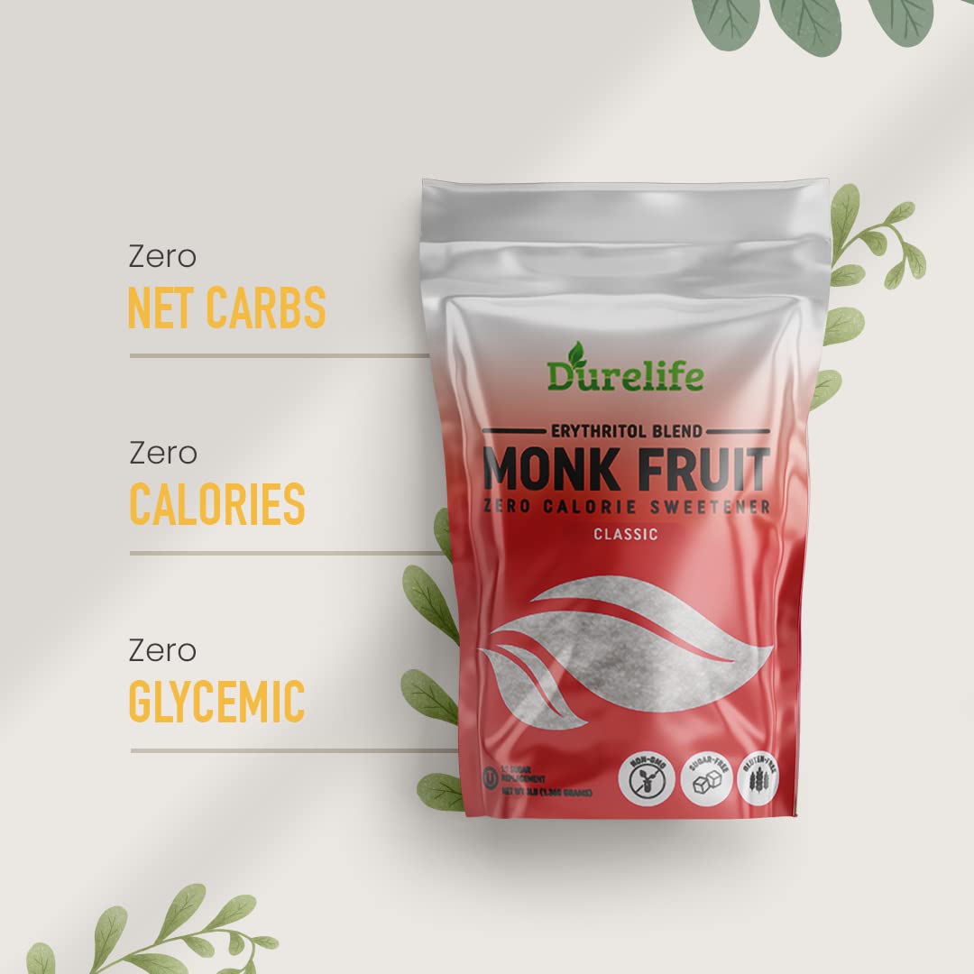 Durelife Monk Fruit Sweetener, Classic - White Sugar Substitute, Keto Diet Friendly, 1:1 Sugar Replacement, Zero Calorie, White Sugar Substitute, Classic White - 3 Lb (Packaging May Vary)