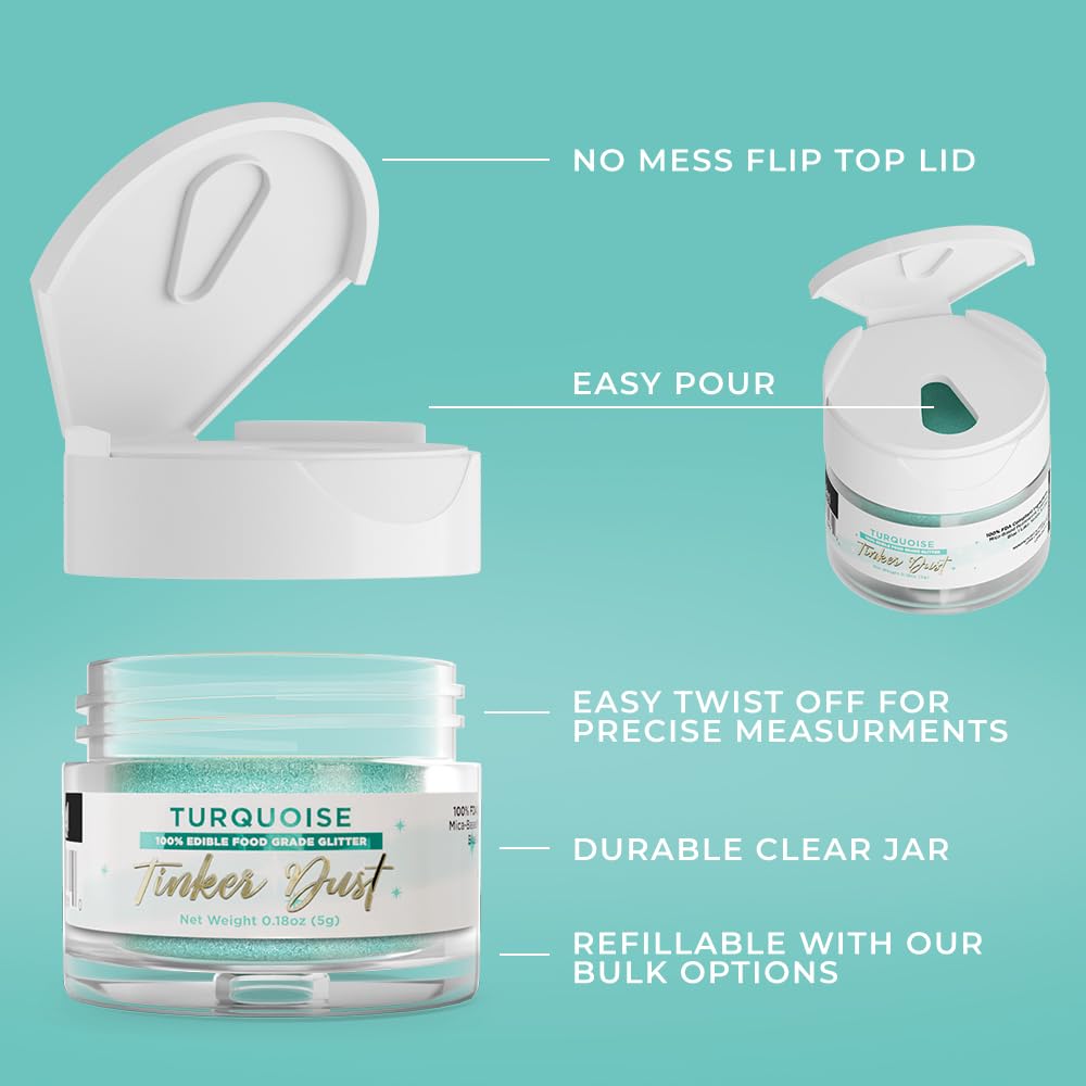 Bakell - Turquoise Tinker Dust (5G, 1X Jar) Edible Glitter For Food, Desserts, And Beverages!