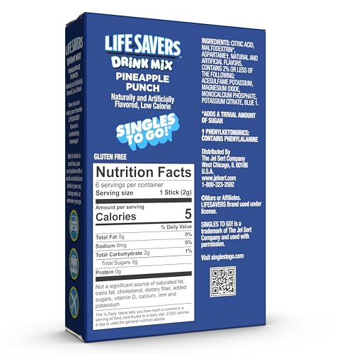 SINGLES TO GO! Lifesavers Pineapple Punch Drink Mix, 72 Sticks (6 Boxes, 0.12 oz each)