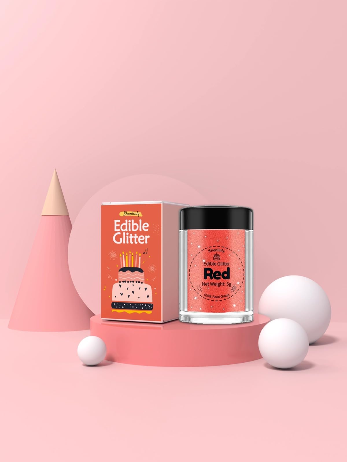 Shanlinly Red Edible Glitter - Food Grade Shimmer Dust for Cakes, Cookies, Cocktails, 5g
