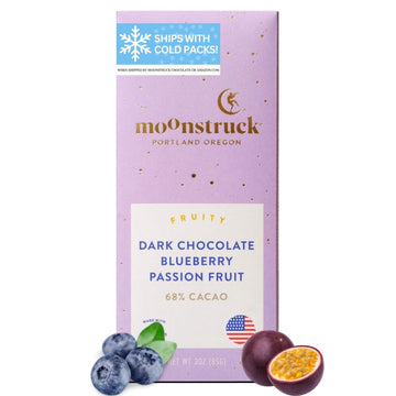 Moonstruck Chocolate Blueberry and Passion Fruit Dark Chocolate Bar, 68% Cacao, 3.0oz (Pack of 1)