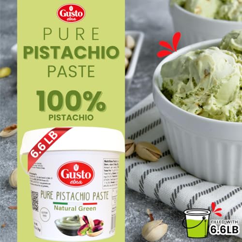 Pure 100% Pistachio Paste Bucket  Unsweetened  Tub  6.6 lb (3 kg)  No Artificial Colors  No Sugar  Nut Spread Bulk  Italian Paste for baking  Product of Sicily  Italy  7 g Protein  Gusto ETNA