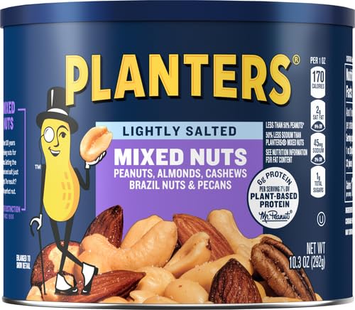 PLANTERS Lightly Salted Mix Nuts  Party Snacks  Plant-Based Protein  10 Oz Canister
