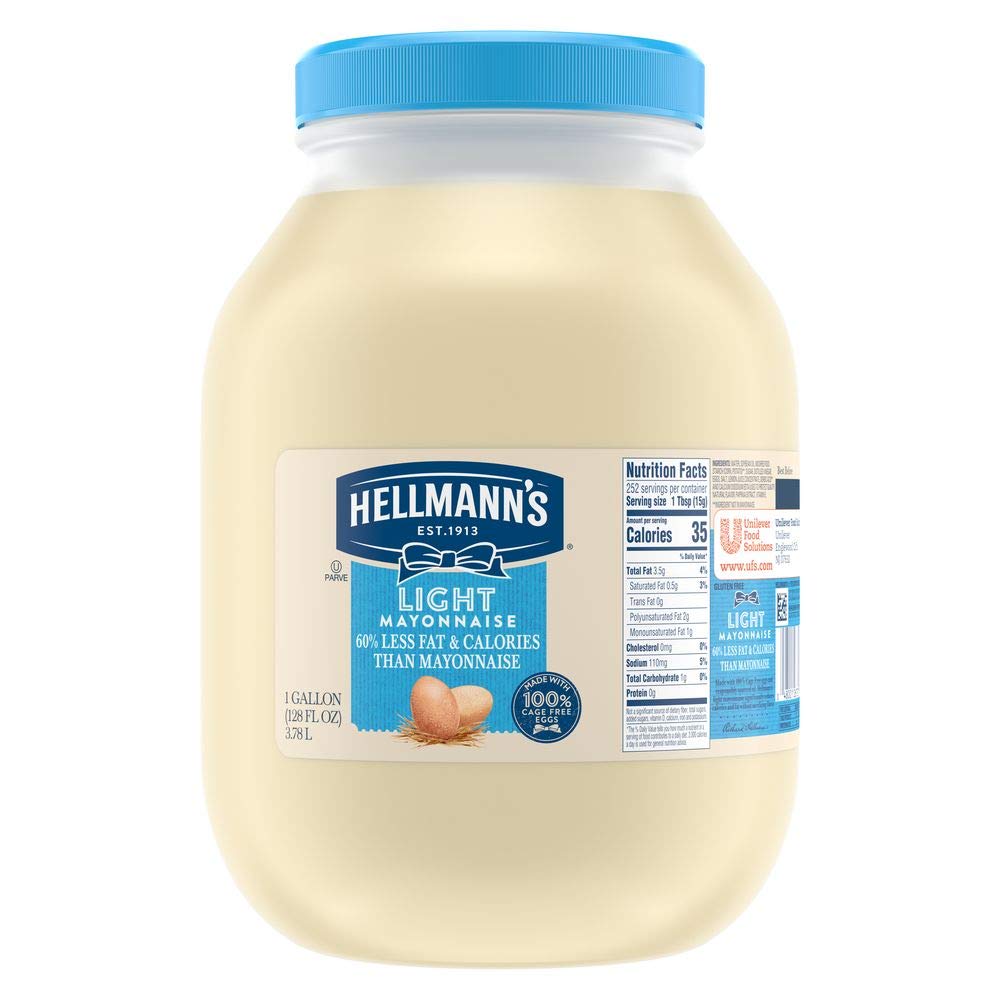 Hellmann's Light Mayonnaise Jar Condiment for Sandwiches, Salads, Mayo Made with 100% Cage Free Eggs, Gluten Free, 1 gallon (Pac