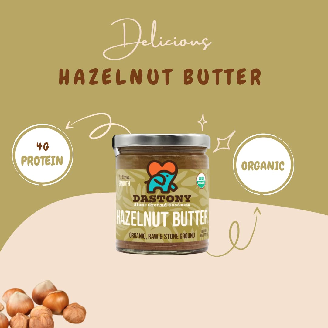 Dastony Organic Raw Hazelnut Butter, 8 Oz | Only One Ingredient | Vegan, Paleo And Keto Friendly, Non Gmo, Gluten-Free - Pack Of