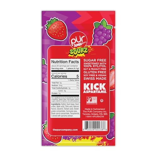 PUR Jumbo SOURZ Gum | Aspartame Free Chewing Gum | 100% Xylitol | Natural Flavor | Sour Strawberry  Sour G  20 Pieces (Pack of 1)