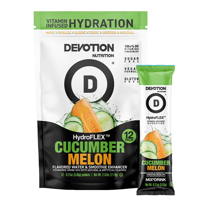 Devotion Nutrition HydroFLEX Water Flavoring Packets – Sugar-Free, Dye-Free, Gluten-Free, Cucumber Melon, 12-Pack, 2.52 Ounce