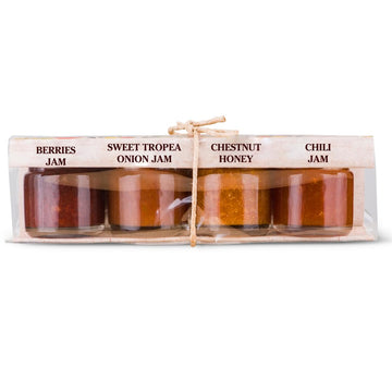 Artigiani dei Sapori La Formaggeria    Cheese Condiment 4-Pack - Sweet Tropea Onion Jam, Chili Jam, Chestnut Honey & Mixed Berri