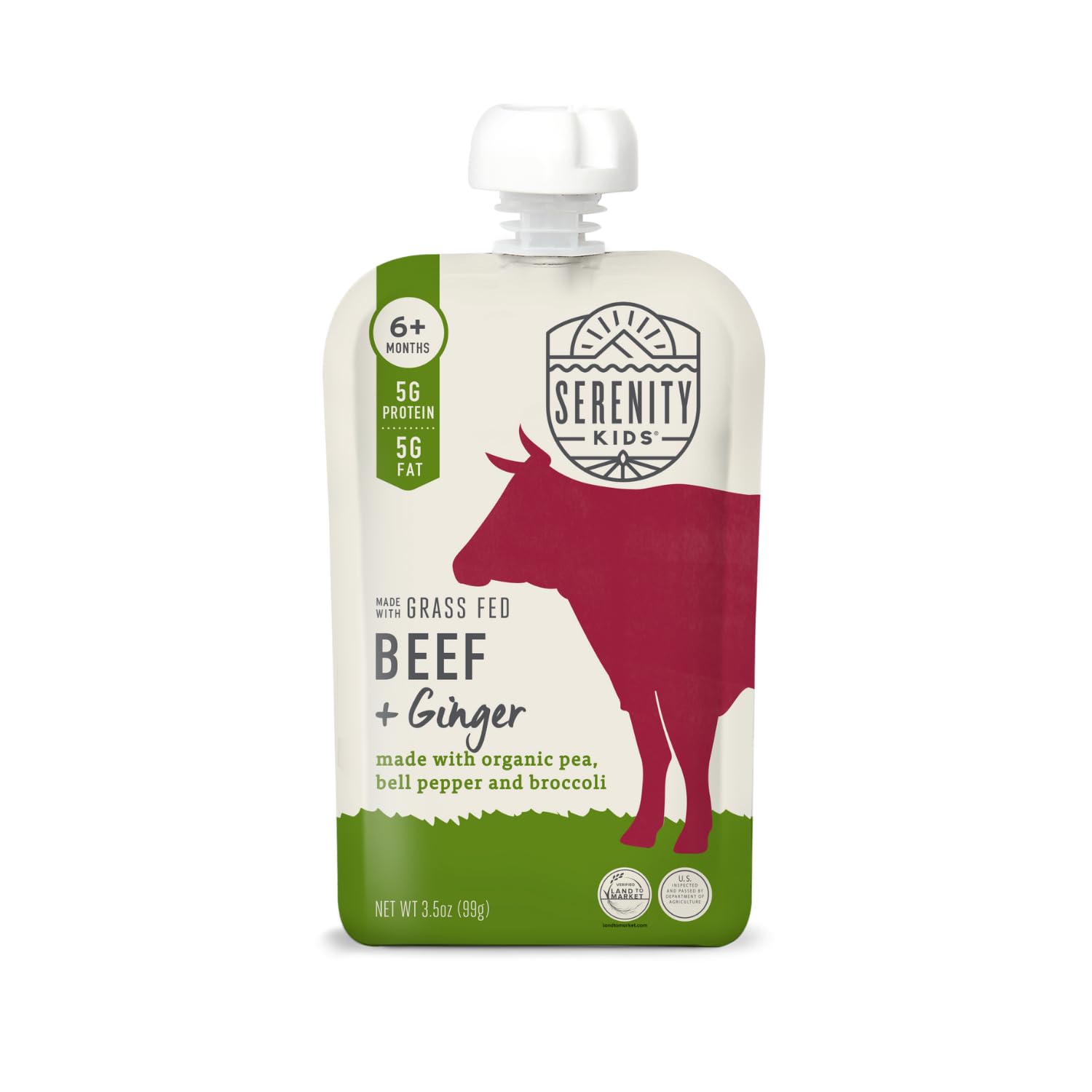 Serenity Kids 6+ Months Baby Food Puree Pouches With Ethically Sourced Meat & Organic Veggies - Grass Fed Beef, Pea, Bell Pepper