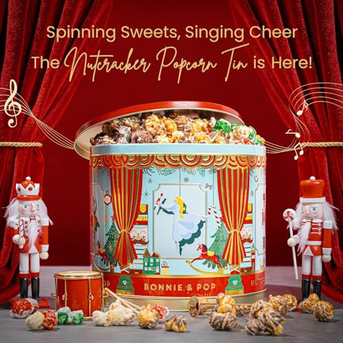 Christmas Popcorn Gift Tin - Gourmet Food Gifts - Plays Music - Chocolate & Popcorn Gift Tin, Holiday Basket - Nut Er Suite- Bonnie And Pop