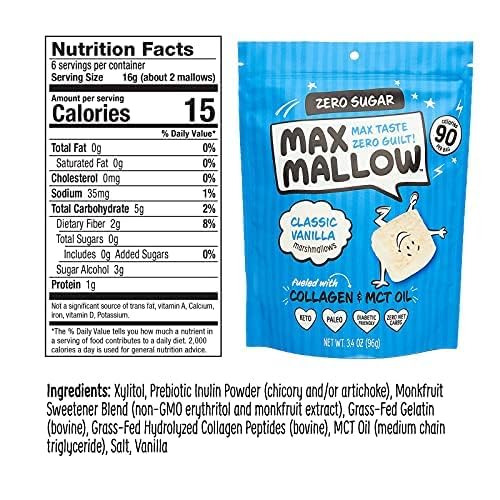 Max Mallow Sugar Free Marshmallows - Keto Friendly  Perfect for Smores  Hot Chocolate  and Baking with Zero Sugar Snacks  Smores Mct Oil Zero Sugar Marshmellow Marshmallow Classic Vanilla  2 Pack