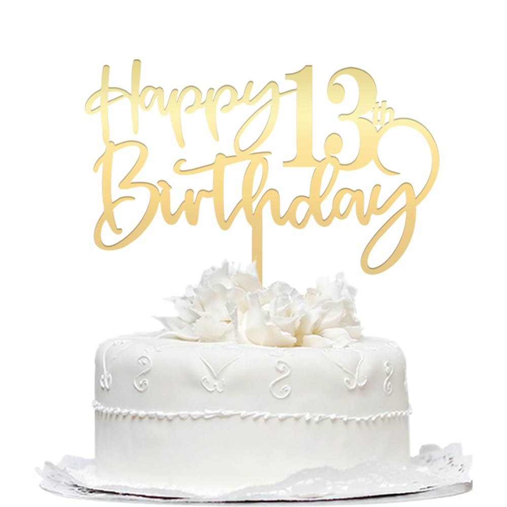 Happy 13 th birthday cake Topper,Mirrored Gold Acrylic Durable Cake Topper,13th Birthday Party Cake Decorations, Hello 13th year
