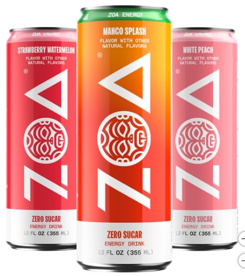 ZOA-Energy Drink, Zero Sugar, Variety Pack - 12 fl oz Cans, Strawberry Watermelon, Mango Splash, White Peach (Pack of 9)