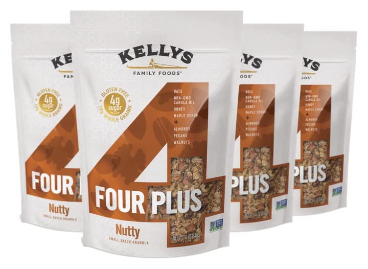 Kellys Four Plus Granola Cereal - Nutty Organic Snacks for Yogurt, 12 oz (Pack of 4)