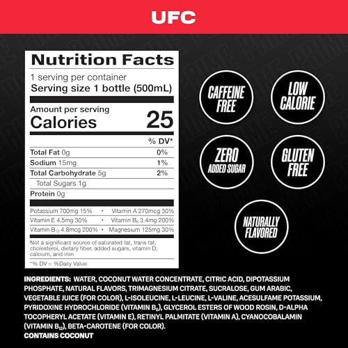 Prime Hydration Ufc, Sports Drinks, Electrolyte Enhanced For Ultimate Hydration, 250Mg Bcaas, B Vitamins, Antioxidants, Low Sugar, 16.9 Fl Oz, 12 Pack