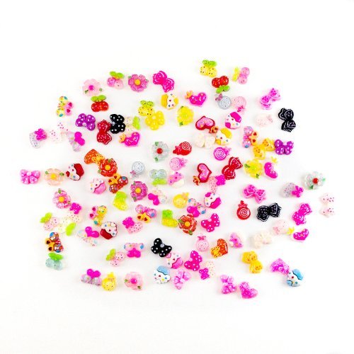 Pueen 100Pc Assorted Bows, Cats, Strawberry, Lady Bug, Ice Cream, Cupcake, Teddy Bear, Floral, Hearts, Bunny, Candy & More Flat