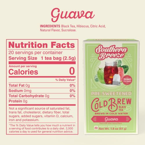 Southern Breeze Guava Cold Brew Sweet Tea Guava Iced Tea With Black Tea And Zero Carbs Zero Sugar, 20 Individually Wrapped Tea Bags