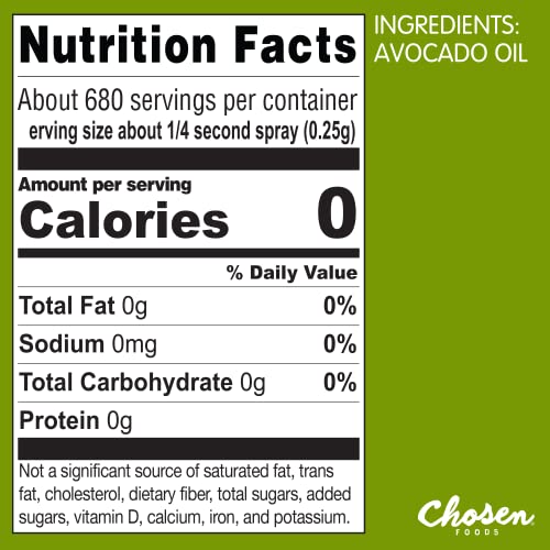 Chosen Foods 100% Pure Avocado Oil Spray, Keto and Paleo Diet Friendly, Kosher Cooking Spray for Baking, High-Heat Cooking and F