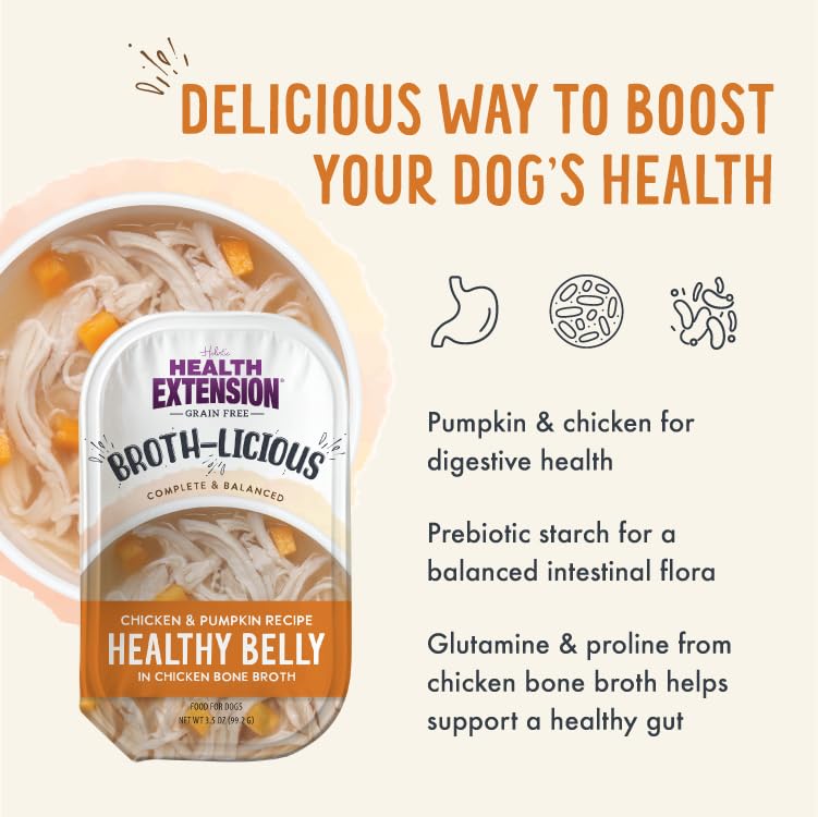 Health Extension Chicken & Pumpkin Bone Broth for Dogs, Grain-Free, 3.5 oz Cup, 12-Cup Box