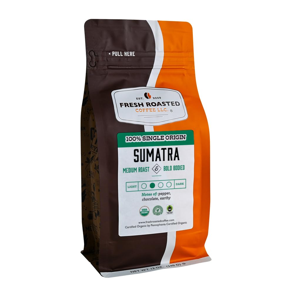 Fresh Roasted Coffee, Organic Sumatra | 12 Oz |100% Single Origin | Medium Roast | Rfa Kosher | Whole Bean