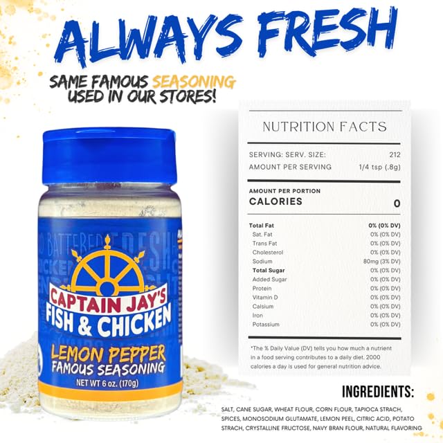 Captain Jay's Fish & Chicken Lemon Pepper Seasoning, 6 oz - Perfect for Fish & Chicken Dishes, World Famous Flavor