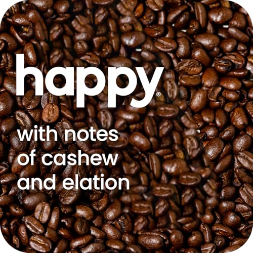 happy coffee light roast whole bean coffee, 12 oz., notes of cashew & elation, recyclable container, grown & harvested in Colomb