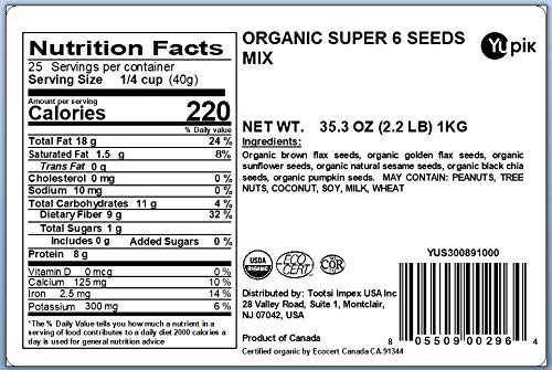 Yupik Organic Super 6 Seeds Mix, 2.2 Lb (35.2 Oz), Pack Of 6, Gmo-Free, Kosher, Vegan, Rich In Fiber, Nutritious Snack & Topping