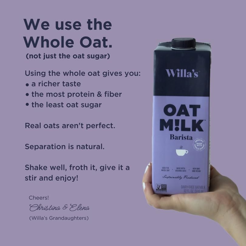 Willas Organic Barista Oat Milk - Barista Blend Unsweetened Oatmilk and Creamer, Non-GMO, Shelf Stable, Low Sugar, Non-Dairy Mi