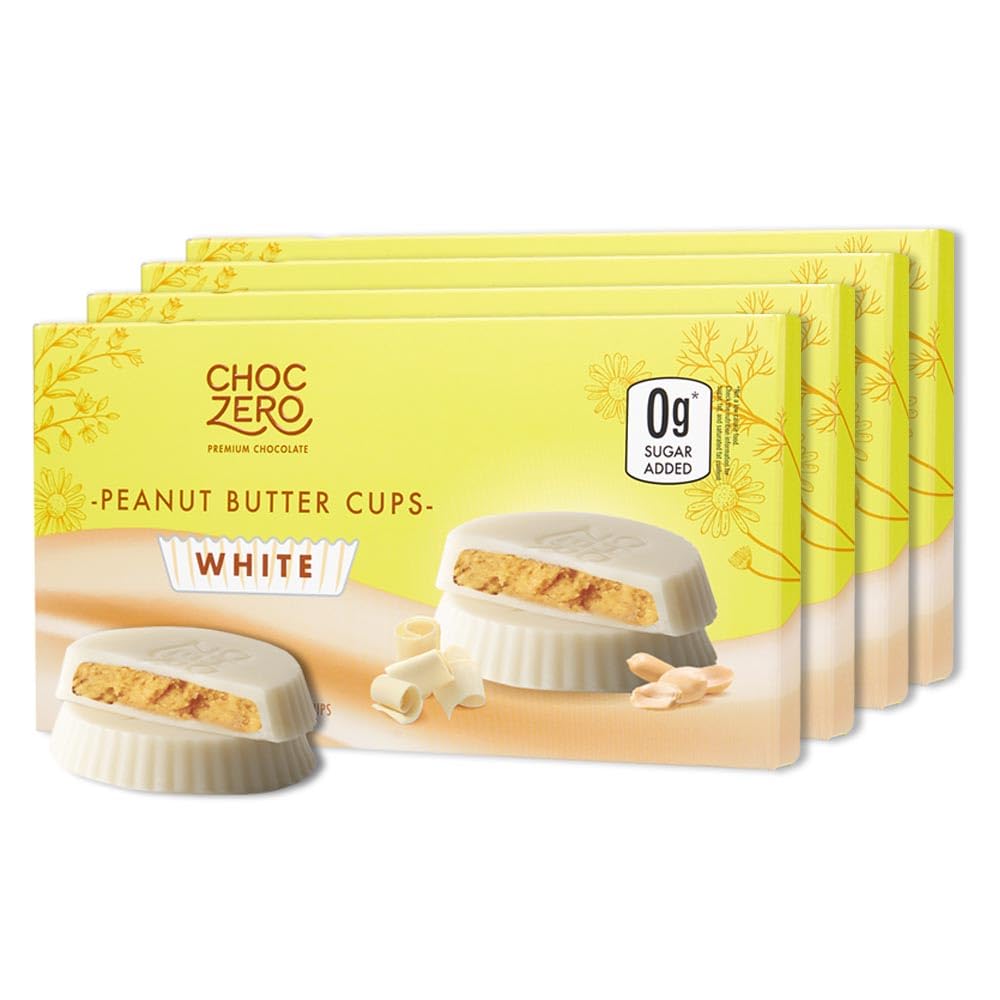 Choczero White Chocolate Peanut Butter Cups, No Added Sugar, Gluten Free, Low Carb Candy, 4 Ounce (Pack Of 4), 32 Cups Total