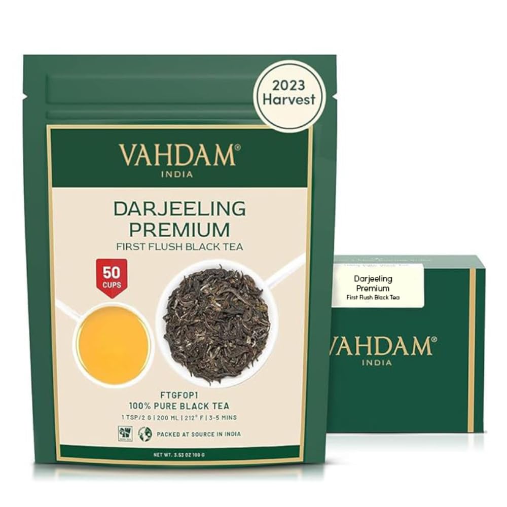 Vahdam, First Flush Darjeeling Tea - 50 Cups (3.53Oz) | Loose Leaf Black Tea - Flowery, Aromatic & Delicious | Picked, Packed & Shipped Direct From India | Champagne Of Teas | Mellow & Fragrant