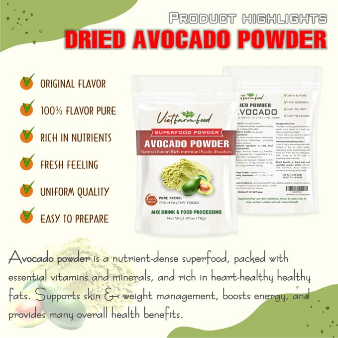 Avocado Powder 2.47 Oz (70G) Vietfarmfood: Freeze-Dried Extracted From 100% Pure, Sugar-Free. Used To Mix Mixed Drinks Fresh Fru