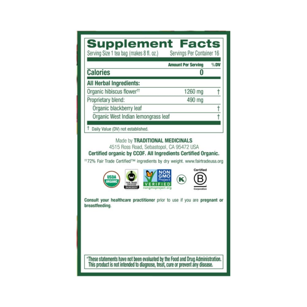 Traditional Medicinals Organic Hibiscus Herbal Tea - 16 bags per pack - 6 packs per case.