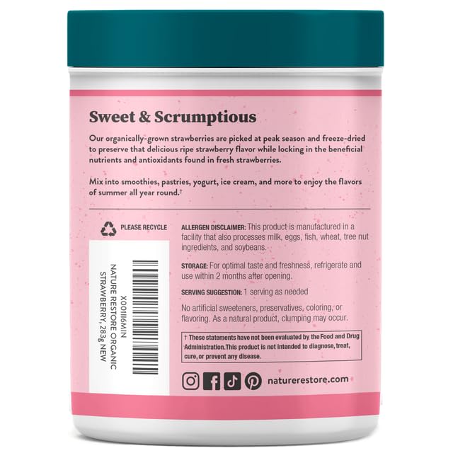 Nature Restore USDA Certified Organic Freeze Dried Strawberry Powder, 10 Ounces, Non GMO, Gluten Free, Vegan