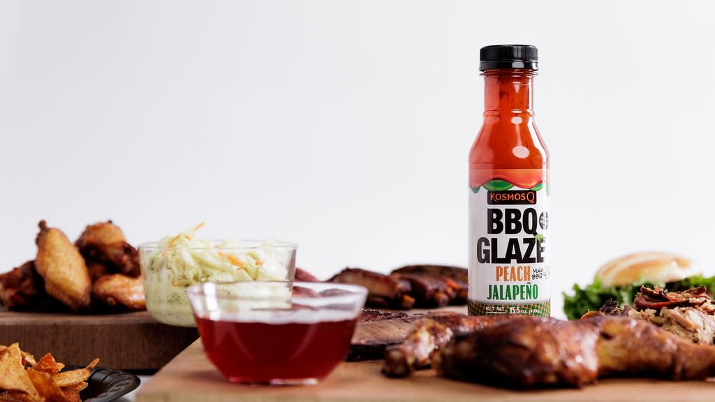 Kosmos Q Peach Jalapeno Bbq Glaze - 16 Oz Bottle For Sticky & Flavorful Barbecue - Thick Bbq Glaze For Competition Ready Mouth-W