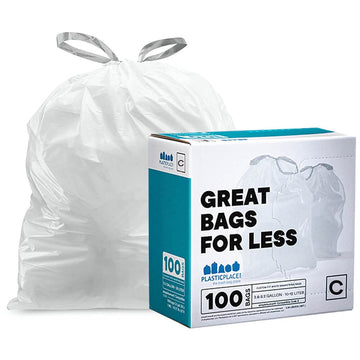 Plasticplace Simplehuman (X) Code C Compatible White Drawstring Garbage Liners 2.6-3.2 Gallon / 10-12 Liter, 100 Count