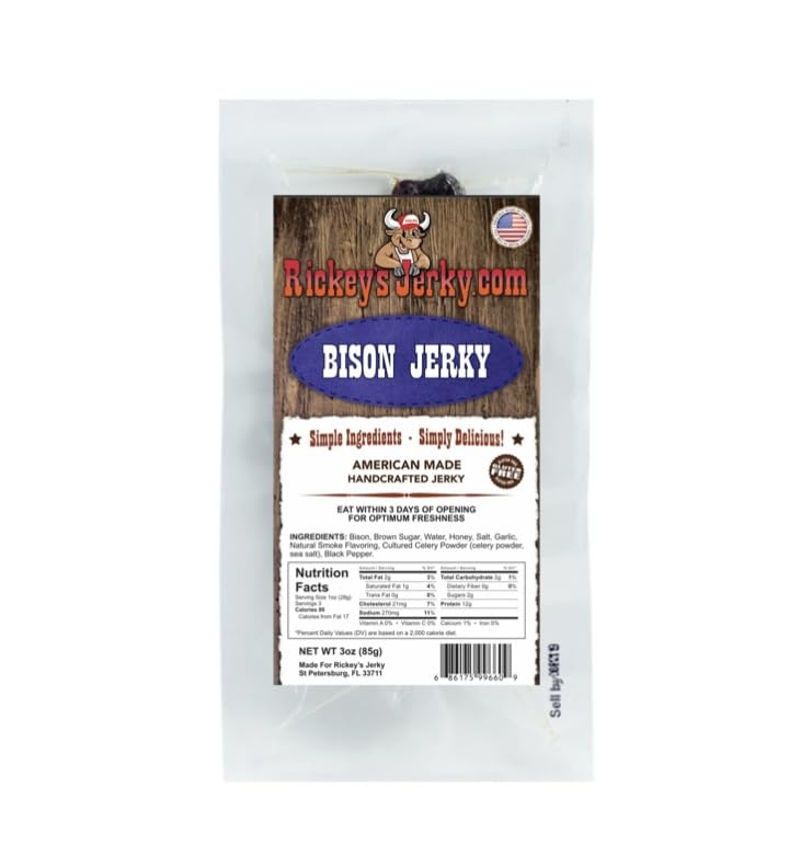 Rickey's Jerky, Bison Jerky, 100% Made From Solid Strips of Bison, Exotic Wild Game Jerky, All Natural Meat, High Protein snack,