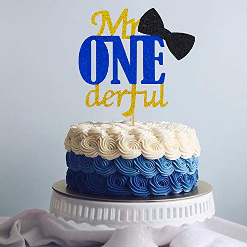 Joymee Mr Onederful Cake Topper,Double Sided 1St First Cake Decorations With Bowtie Gold Glitter Little Man Happy Birthday Handm