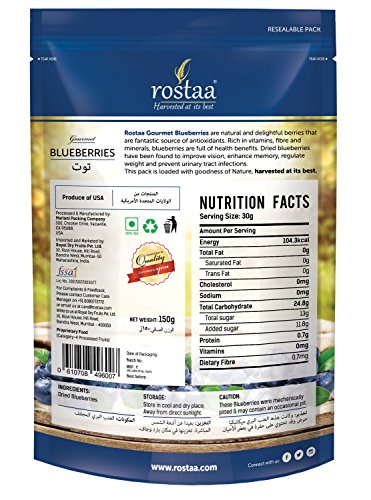 Rostaa Premium Blueberries (150Gm) (Gluten Free, Non-Gmo & Vegan)Whole And Unsweetened, Vitamin Rich Blueberries, Dried Blueberr