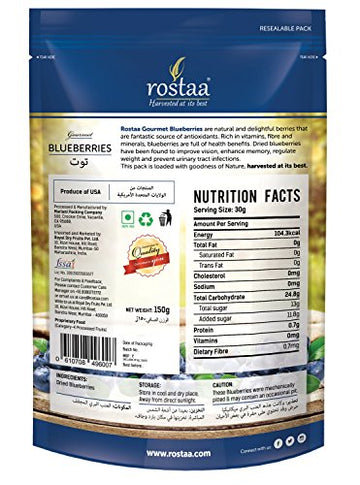 Rostaa Premium Blueberries (150Gm) (Gluten Free, Non-Gmo & Vegan)Whole And Unsweetened, Vitamin Rich Blueberries, Dried Blueberr