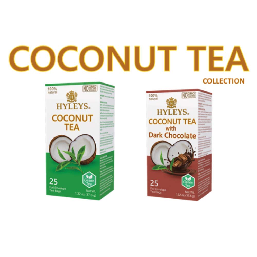 HYLEYS Coconut Tea With Dark Chocolate - 25 Count (Pack of 12) - GMO Free, Gluten Free, Dairy Free, Sugar Free, 100% Natural