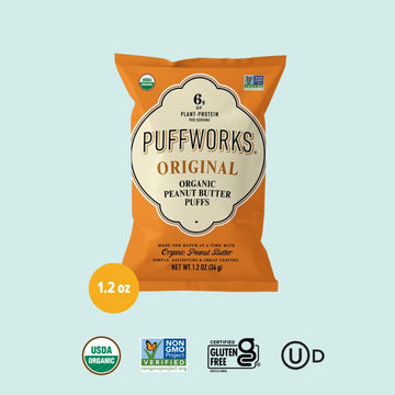 Puffworks Original Organic Peanut Butter Puffs, Plant-Based Protein Snack, Gluten- And Rice-Free, Vegan, Kosher, 1.2 Ounce (Pack