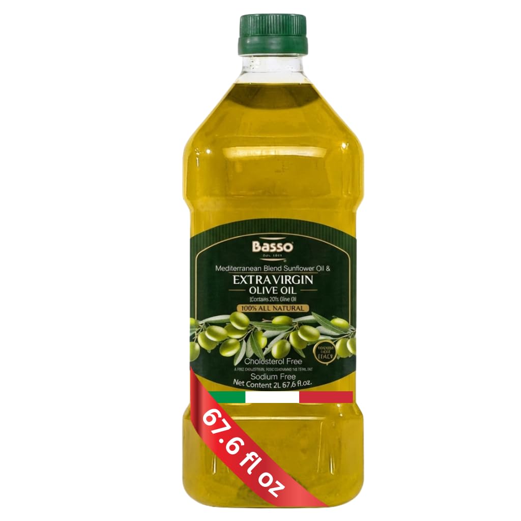 BASSO 1904 - Italian Sunflower Oil 80% & Extra Virgin Olive Oil 20% Blend, 2 Liters (67.6 fl oz) - Light Fruity Taste, Versatile