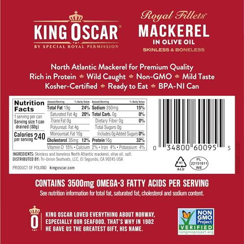 King Oscar Skinless & Boneless Mackerel Variety Pack Olive Oil  Med. Style  Lemon and Jalapeo  4.05-Ounce Cans (Pack of 6)