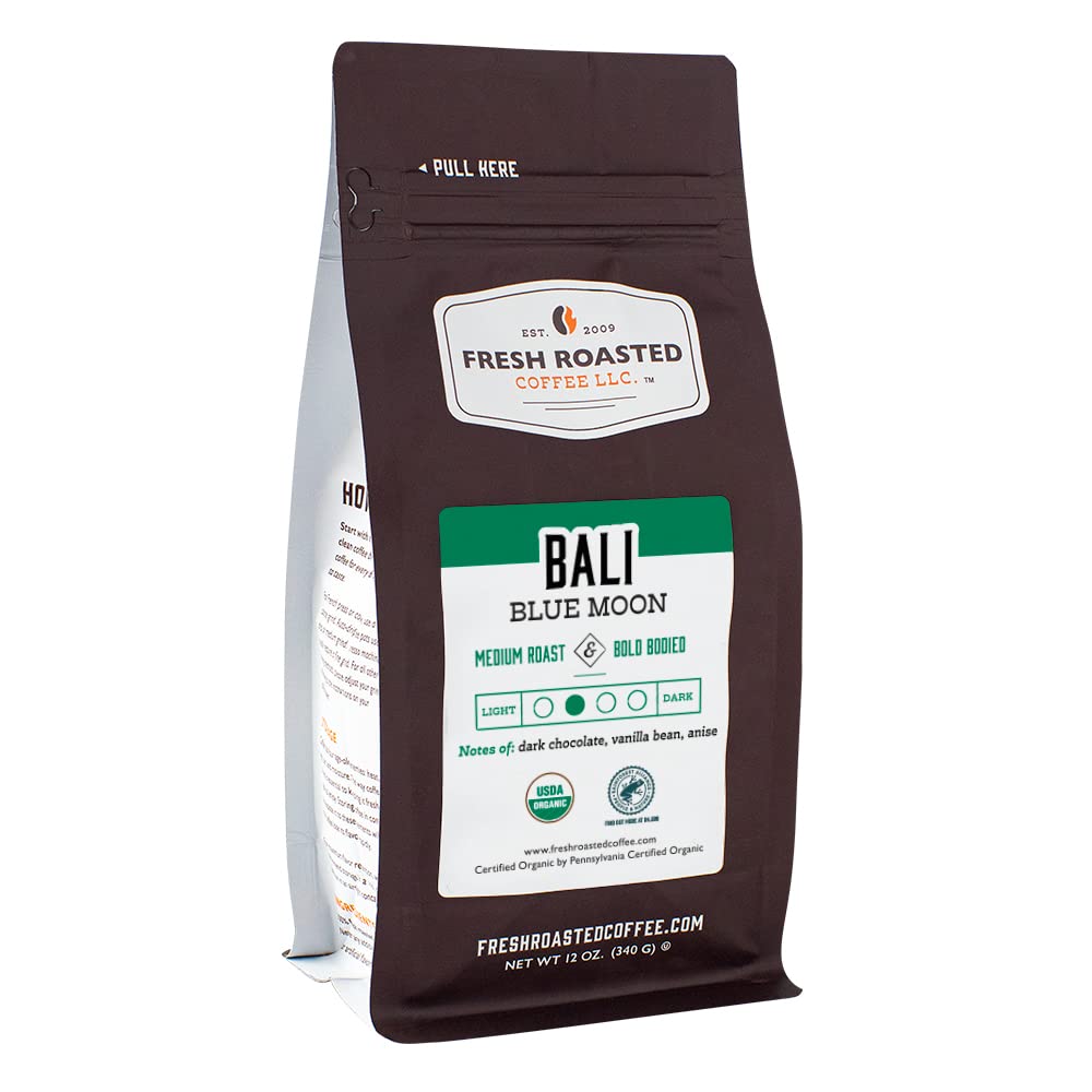 Fresh Roasted Coffee, Organic Bali Blue Moon, 12 Oz, Medium Roast, Kosher Rfa, Whole Bean