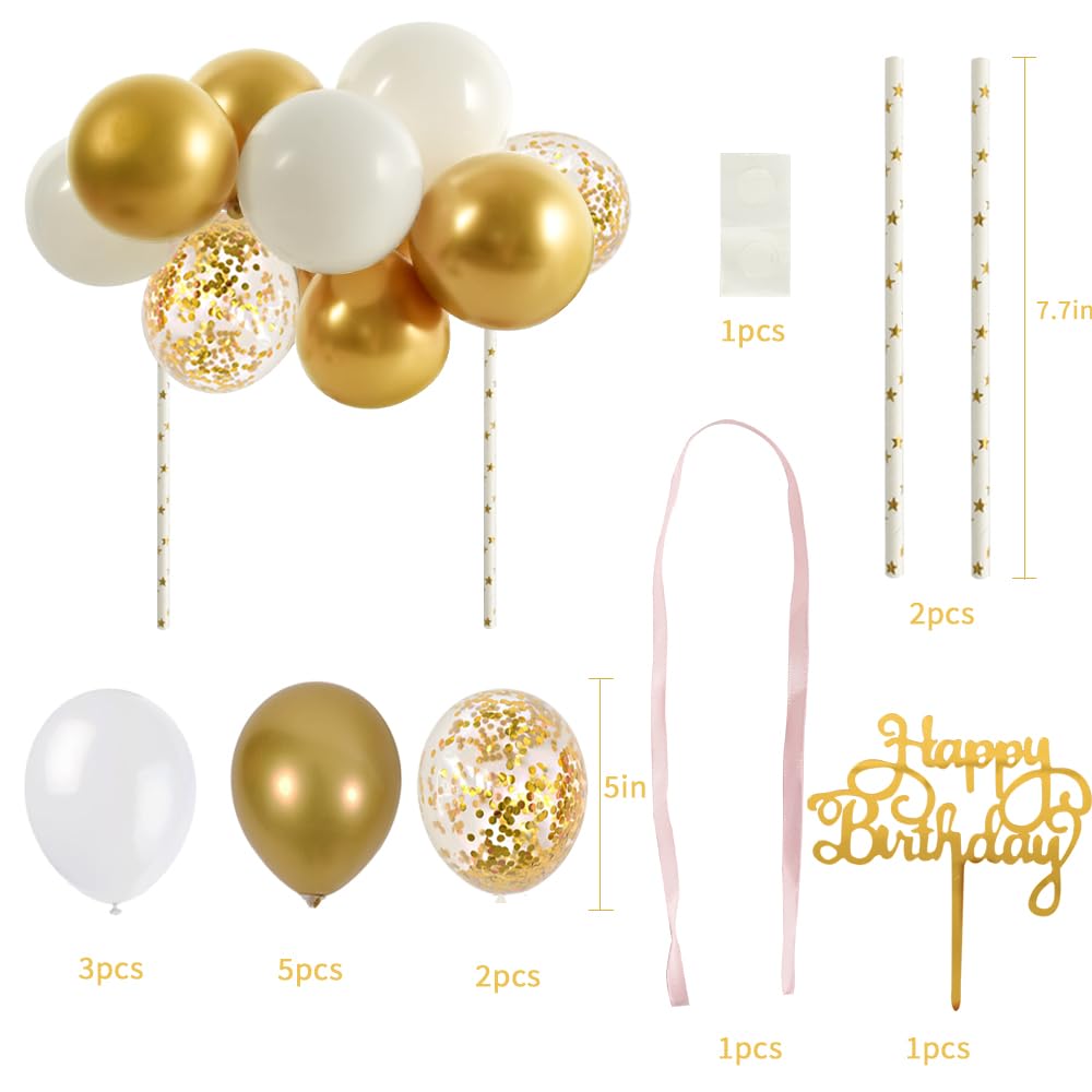 Beishida 5 Inch 10Pcs Balloon Cloud Cake Topper White Gold Happy Birthday Cake Toppers Mini Balloon Cake Topper Garland With Hap