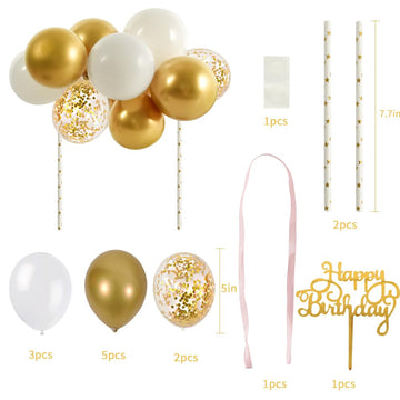 Beishida 5 Inch 10Pcs Balloon Cloud Cake Topper White Gold Happy Birthday Cake Toppers Mini Balloon Cake Topper Garland With Hap